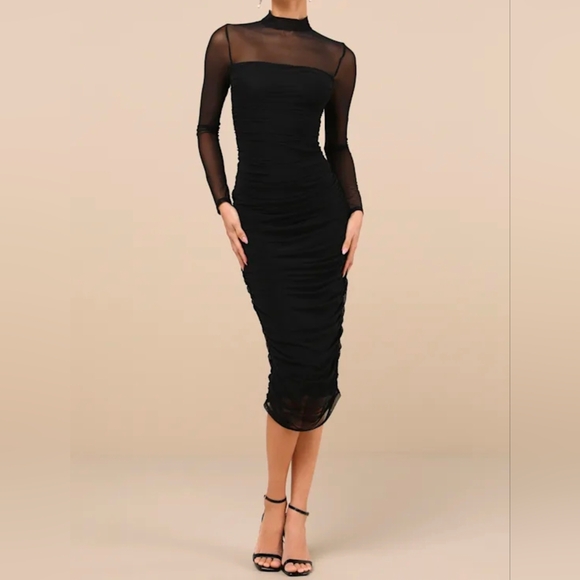 Lulus Impressive Flirt Black Mesh Ruched Mock Neck Midi Dress XXS - Picture 10 of 11